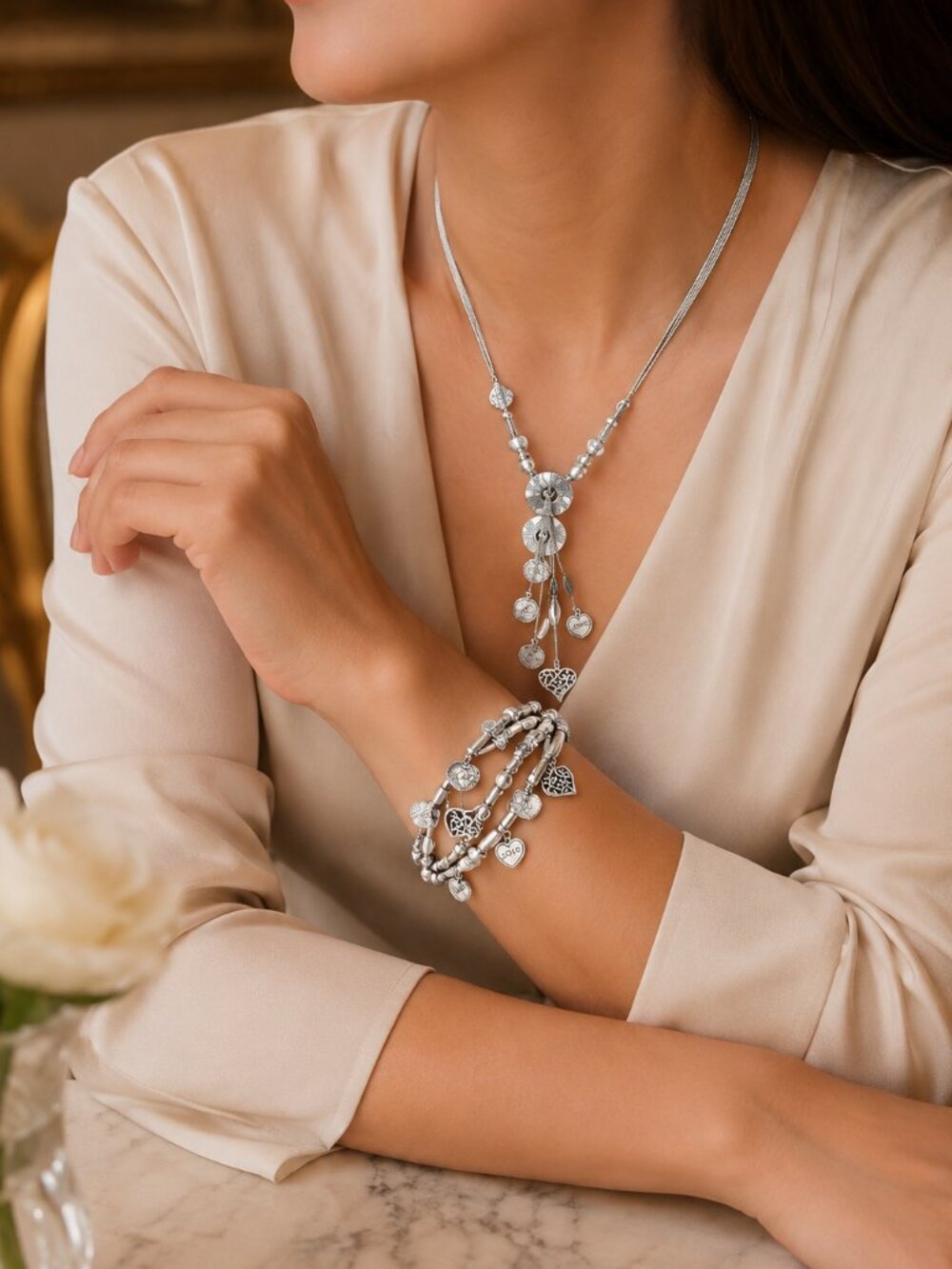 Lia Sophia Silver Tone Necklace & Bracelet Set | Love Hope Joy Charms | Layered